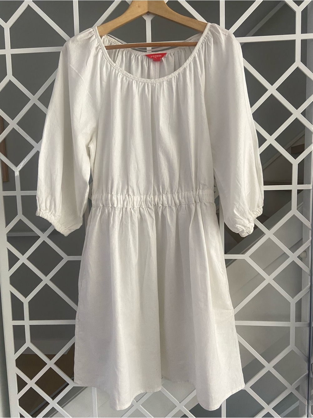 White Linen Cotton Mini Summer Dress Medium Ruched Waist Pockets NWOT - Picture 2 of 7